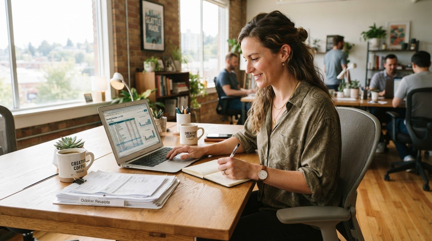 Small-business owner working at a desk with a laptop, receipts and invoices